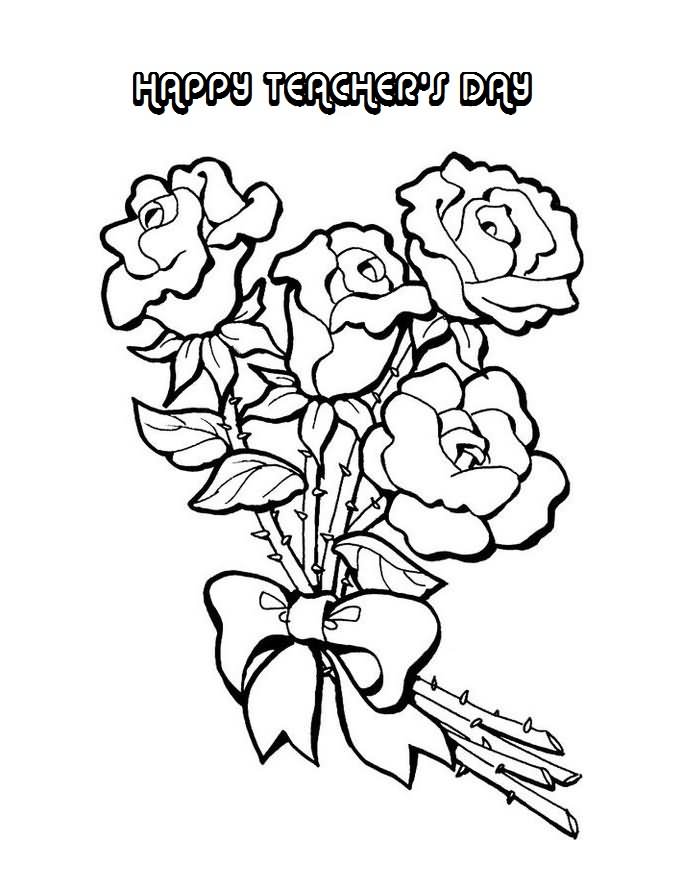 Happy Teachers Day Rose Flowers Coloring Page Card