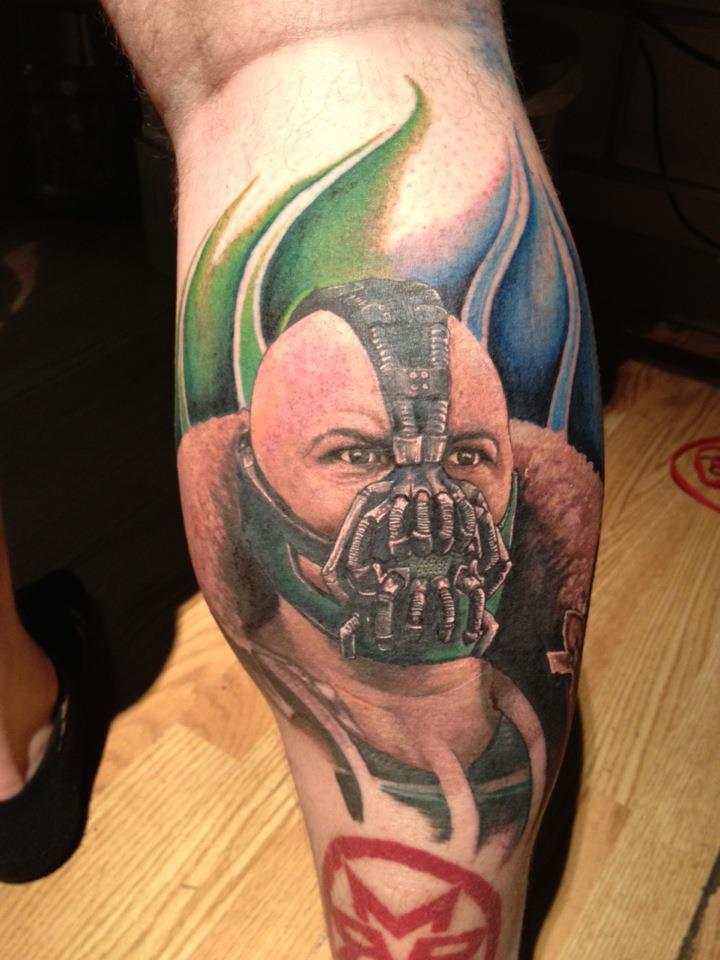 Impressive Bane Face Tattoo On Right Leg Calf By Shane Munce Olde