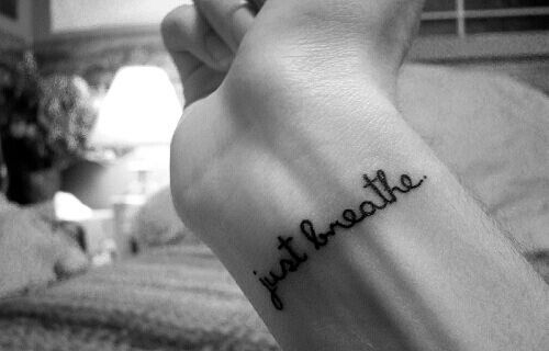 Just Breathe Lettering Tattoo On Right Wrist