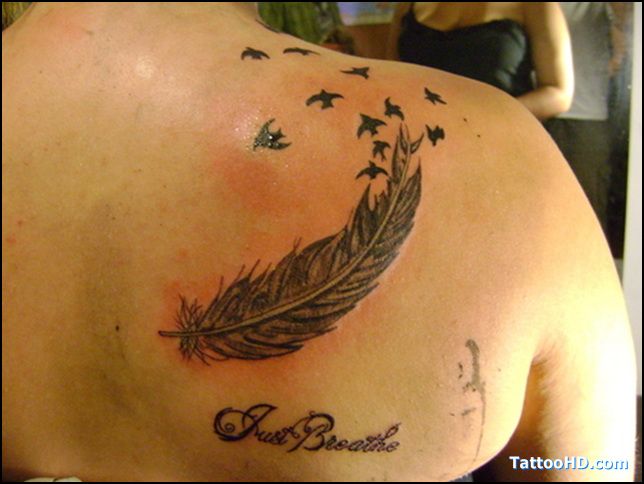 Just Breathe Lettering With Feather And Flying Birds Tattoo On Right Back Shoulder