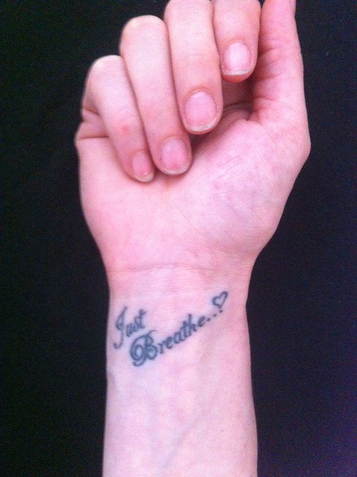 Just Breathe Lettering With Heart Tattoo On Right Wrist