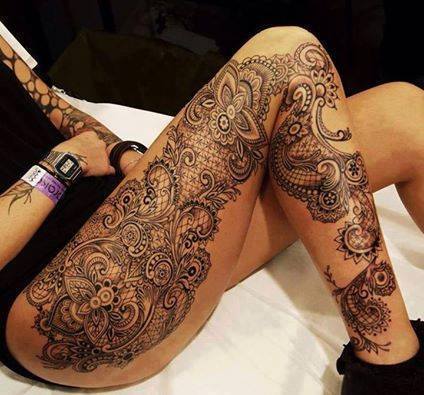 Lace Tattoo On Girl Right Leg