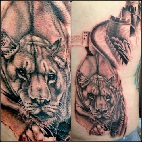 Lioness With Great Wall Of China Tattoo Design For Side Rib