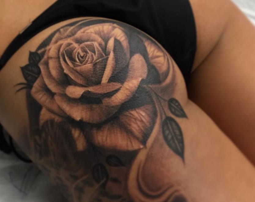 Nice Grey Ink Rose Tattoo On Back