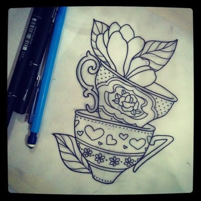 Outline Alice in Wonderland Teacup Tattoo Design