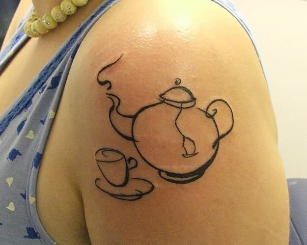 Outline Simple Teacup Tattoo On Left Shoulder