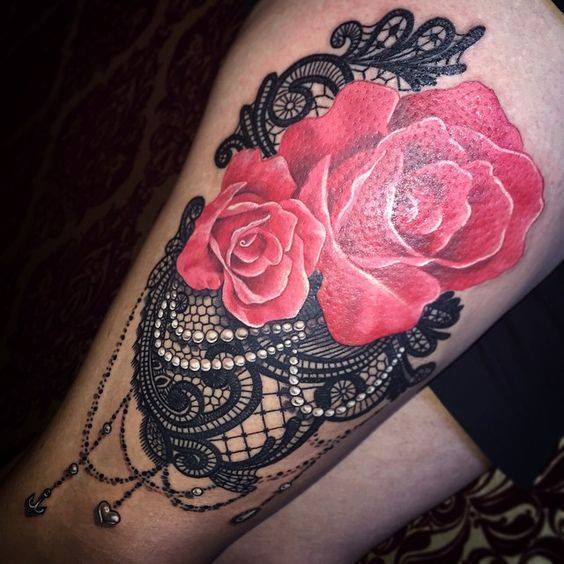 Pink Rose Flowers and Lace Tattoo