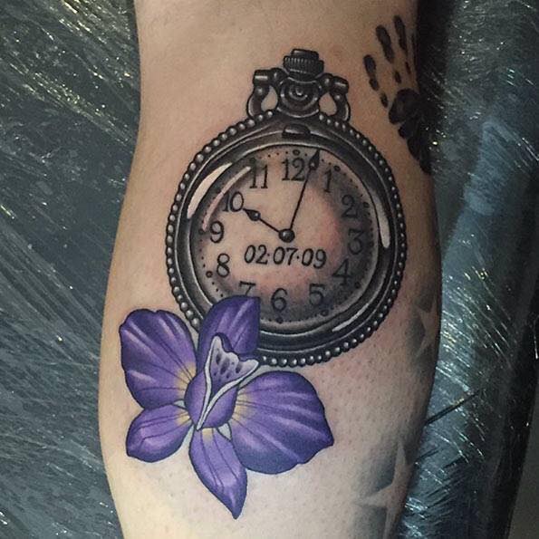 Purple Flower And Memorial Pocket Watch Tattoo On Leg