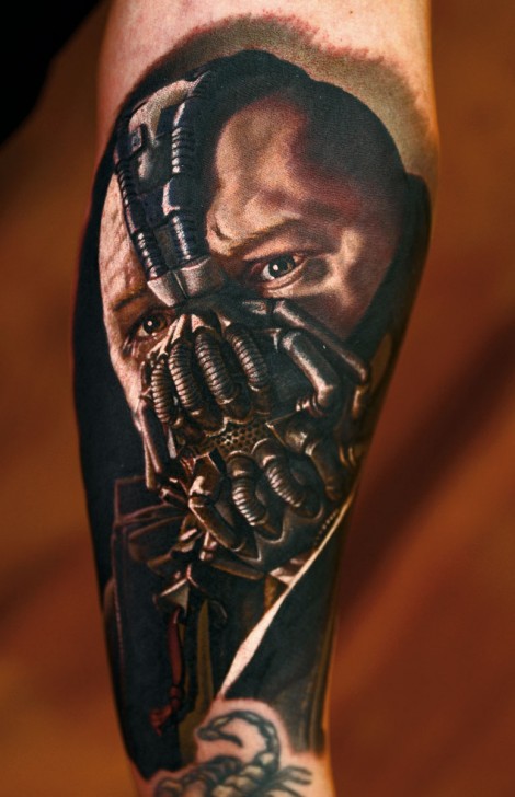Realistic 3D Bane Face Tattoo Design For Arm