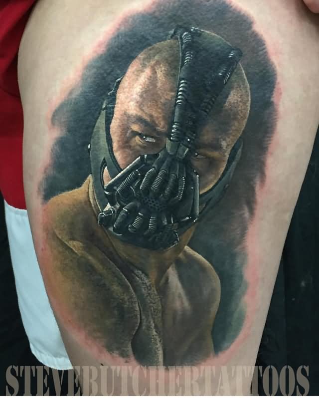 Realistic Bane Face Tattoo Design For Thigh