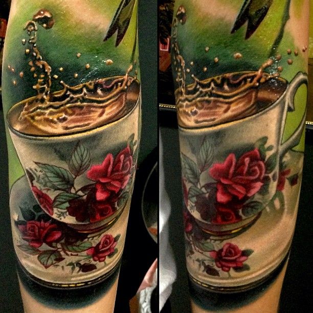 Realistic Colored Stacked Teacup Tattoo On Arm Sleeve