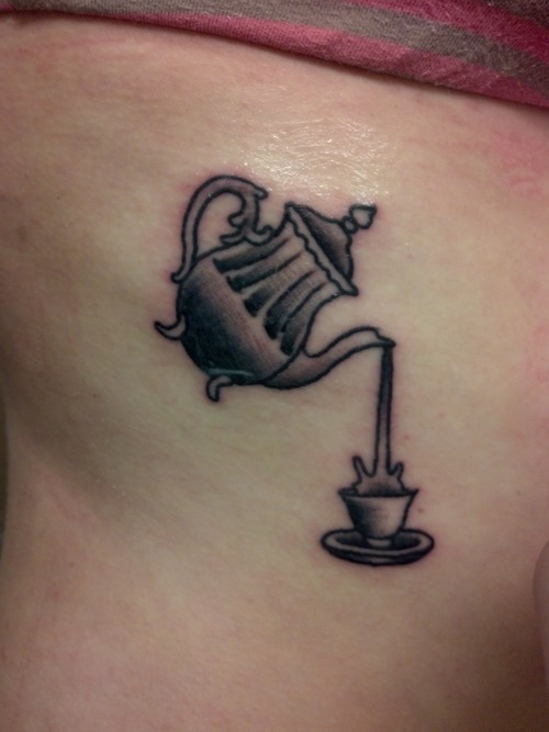 Rib Side Grey Ink Alice in Wonderland Teacup Tattoo