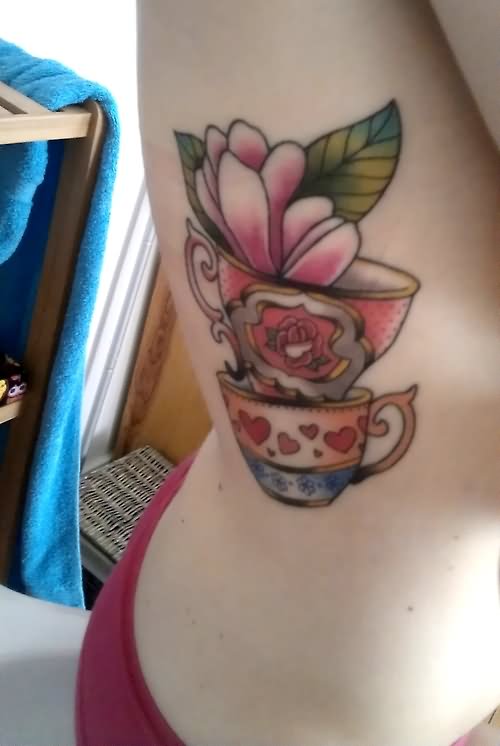 Rib Side Stacked Teacup Tattoo For Girls