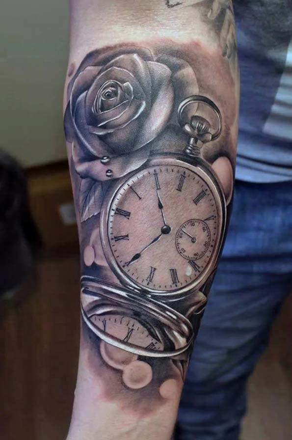 Right Forearm Grey Ink Pocket Watch And Rose Tattoo