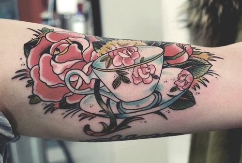 Rose And Alice in Wonderland Teacup Tattoo On Bicep