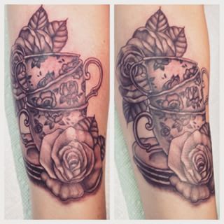 Rose And Stacked Teacup Tattoos On Arm