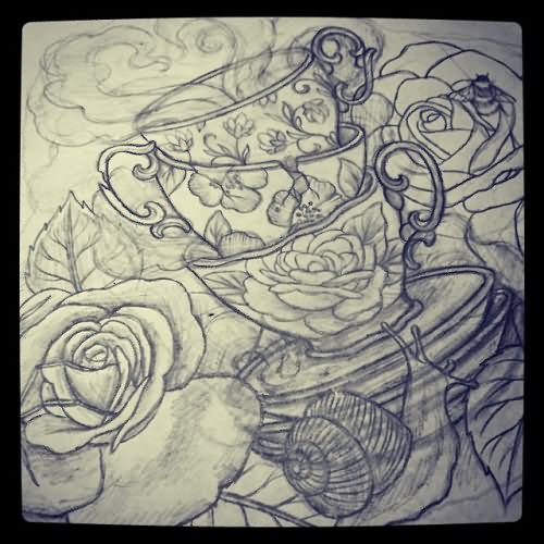 Rose Flower And Stacked Teacup Tattoos Designs