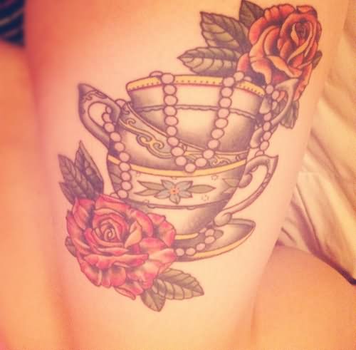 Rose Flowers And Teacup Tattoos On Leg