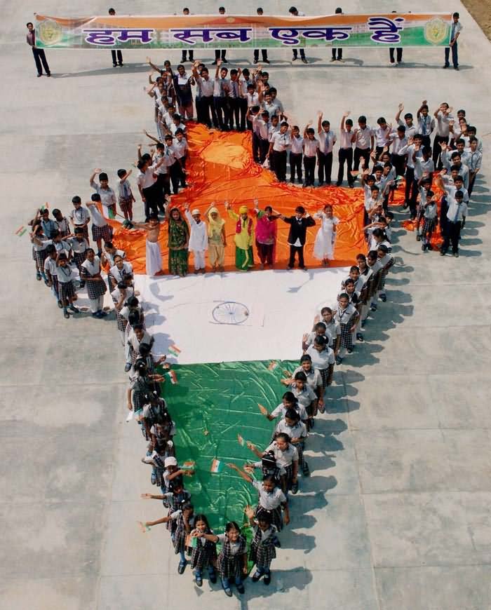 School Children Making Indian Map During The Celebration Of Independence Day