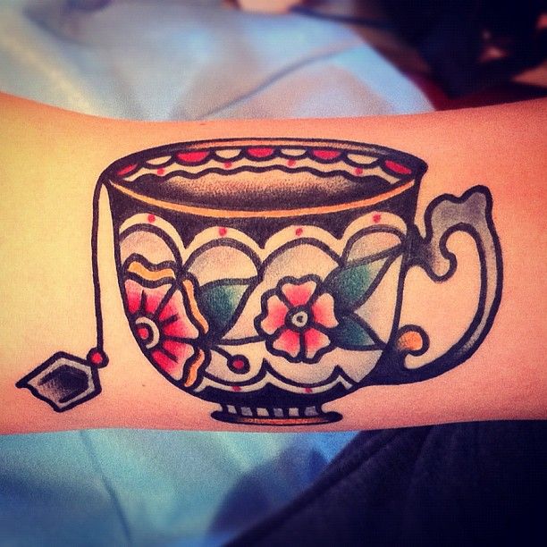 Simple Traditional Teacup Tattoo On Arm