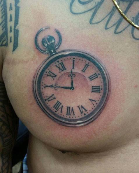 Small Pocket Watch Tattoo On Chest