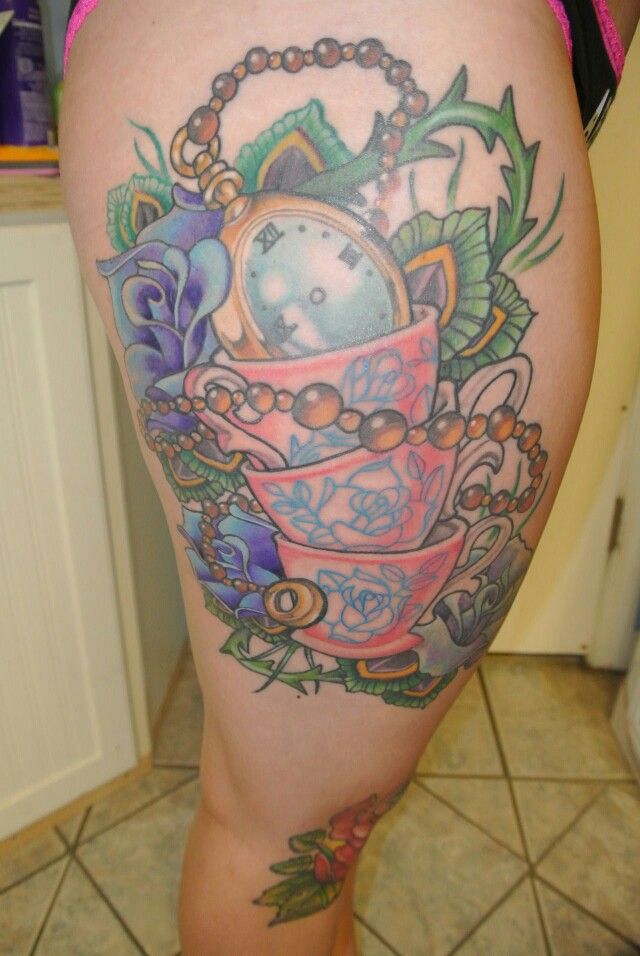 Stacked Teacup And Pocket Watch Tattoo On Thigh