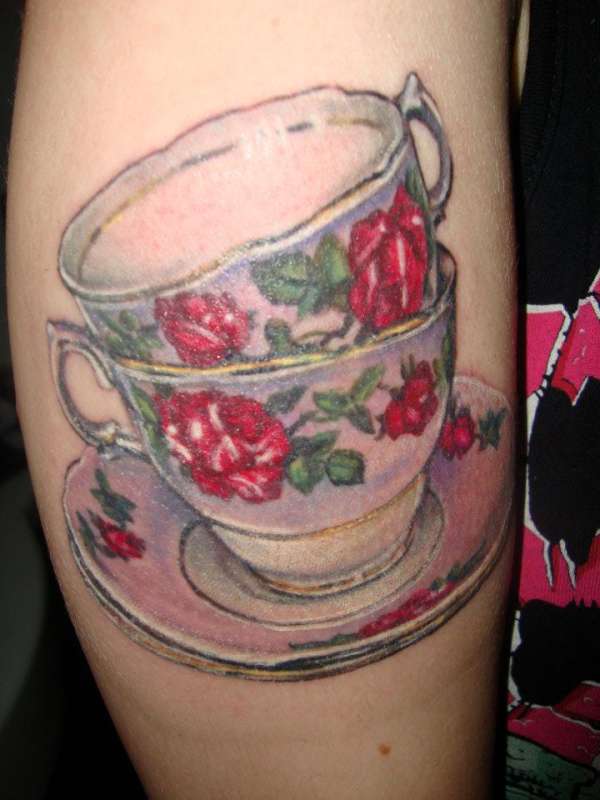Stacked Teacup Tattoo On Leg Calf