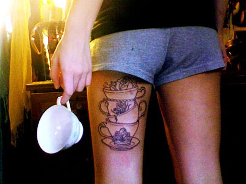 Stacked Teacup Tattoos On Back Leg