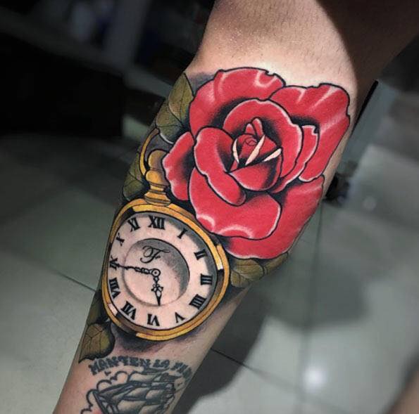 Traditional Rose And Pocket Watch Tattoo On Sleeve