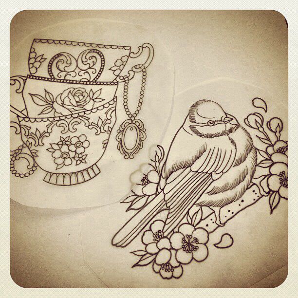 Traditional Stacked Teacup Tattoo Design