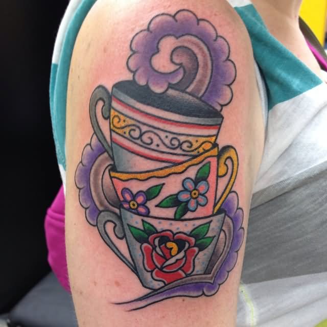Traditional Stacked Teacup Tattoo On Right Half Sleeve