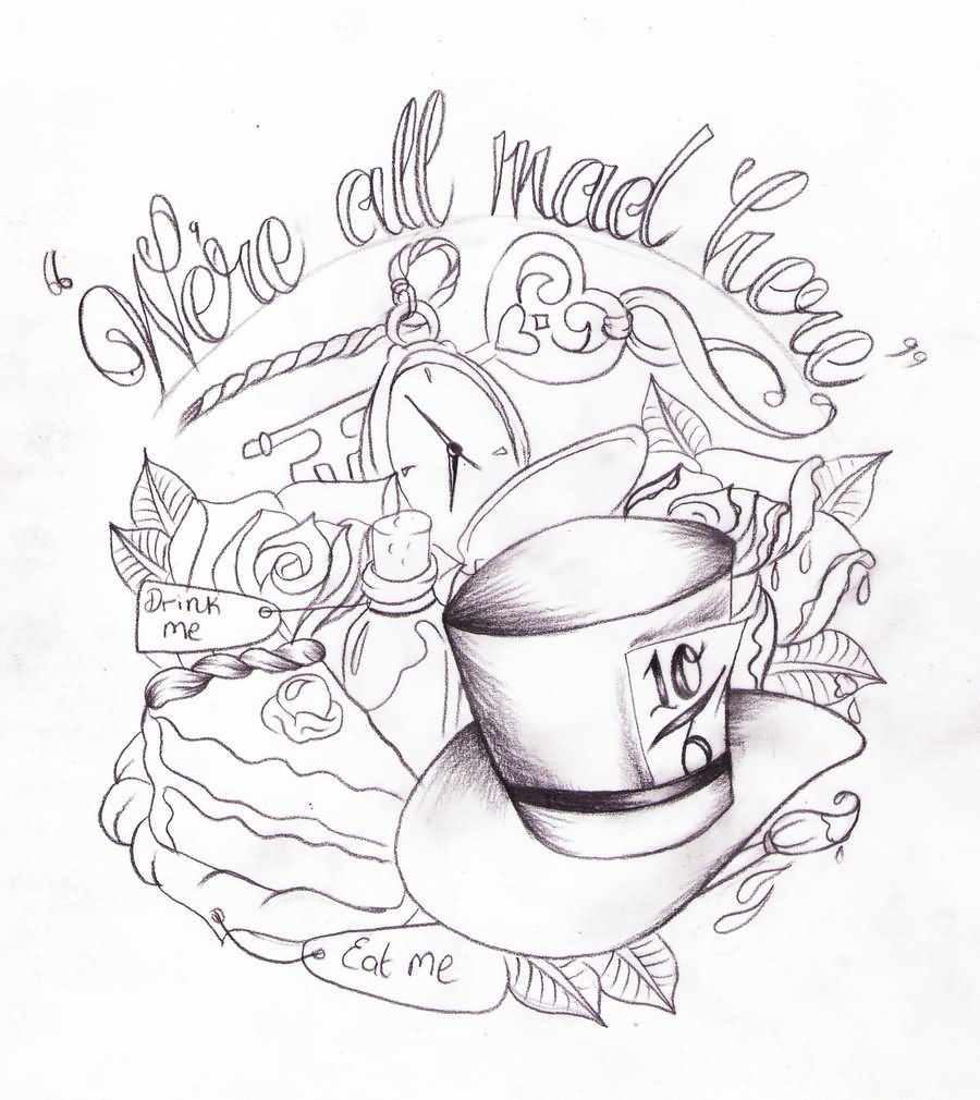 Where All Mad Here Alice in Wonderland Teacup Tattoo Design By Nevermore Ink