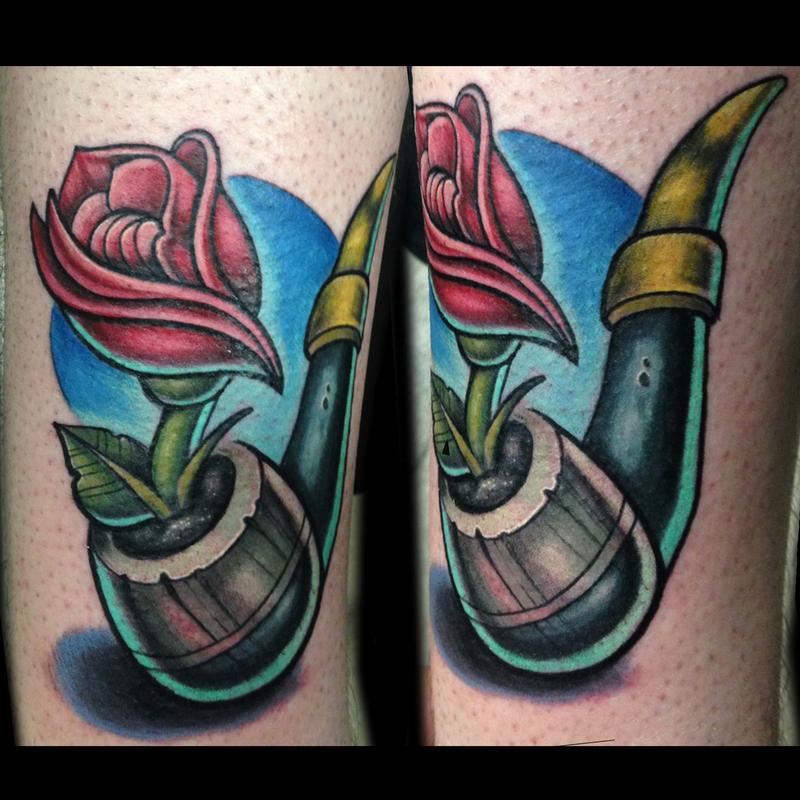 3D Pipe With Rose Tattoo Design