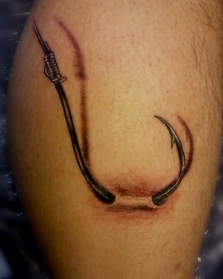 3D Ripped Skin Hook Tattoo Design For Leg Calf By Sting