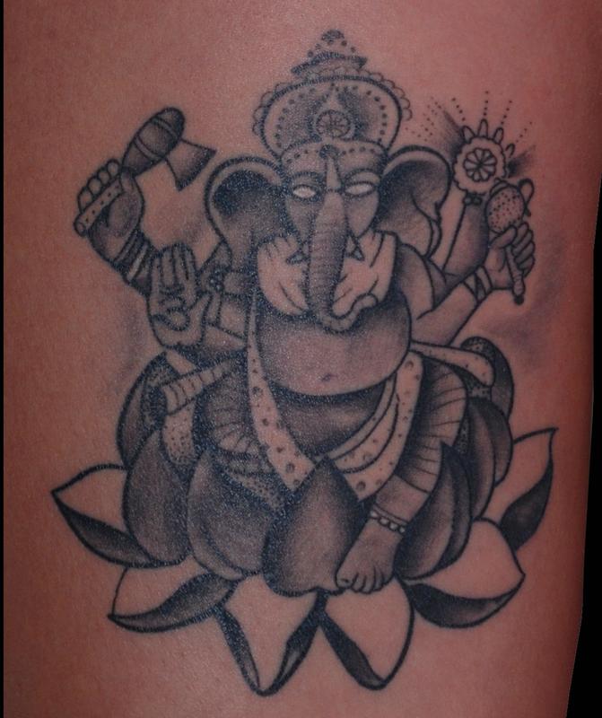 Adam Lauricella Grey Ink Ganesha On Lotus Tattoo