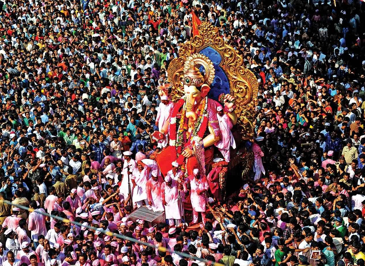 Aerial View Of Lord Ganesha And Huge Crowd During Ganesh Chaturthi Celebration