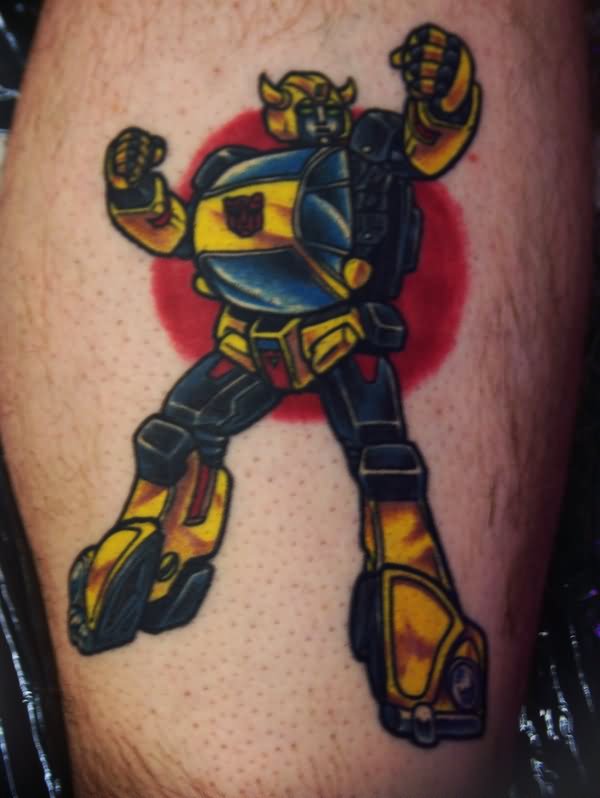 Amazing Bumblebee Transformer Tattoo Design For Leg Calf