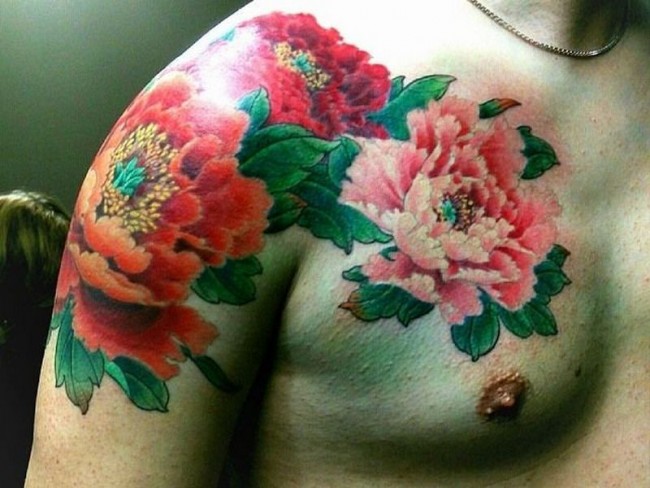 Amazing Peony Flowers Tattoo On Man Right Shoulder
