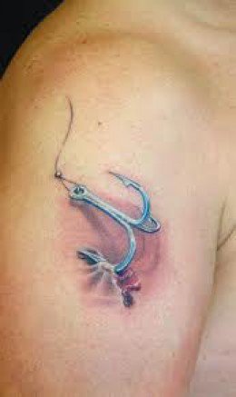 Amazing Ripped Skin Fish Hook Anchor Tattoo On Right Shoulder