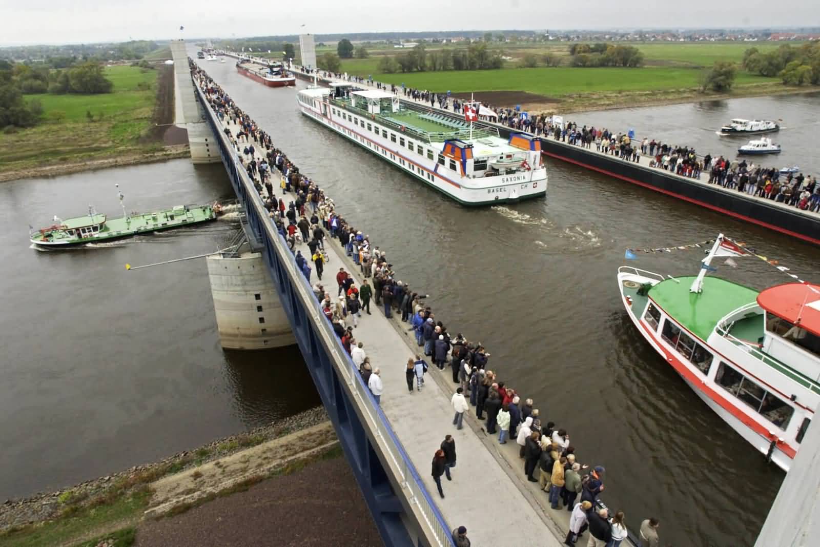 Amazing View of Ships Passing From The Magdeburg Water Bridge In Germany