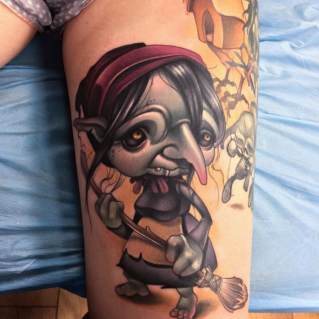 Animated Witch Tattoo On Left Leg by Kelly Doty