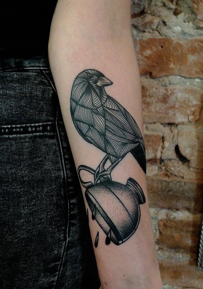 Abstract Black And White Crow And Teacup Tattoo On Forearm