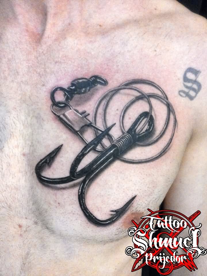 Attractive 3D Hook Tattoo On Man Chest