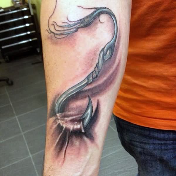 Attractive 3D Ripped Skin Hook Tattoo On Forearm