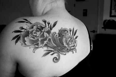 Attractive Black And Grey Peony Flowers Tattoo On Left Back Shoulder