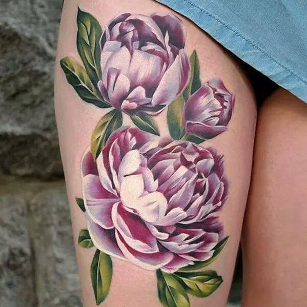Attractive Peony Flowers Tattoo On Right Thigh