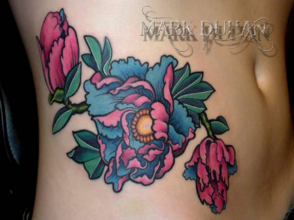 Attractive Traditional Peony Flower Tattoo On Right Side Rib By Mark Duhan