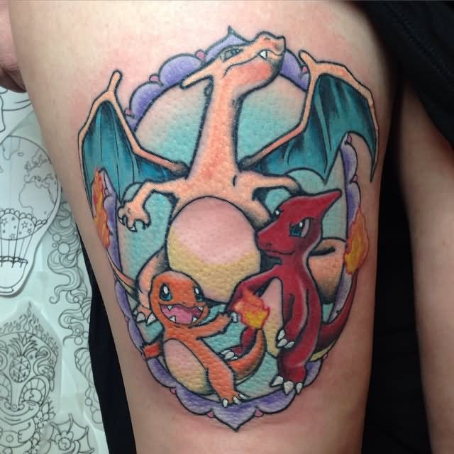 Awesome Charmander, Charmeleon And Charizard Tattoo Design For Thigh