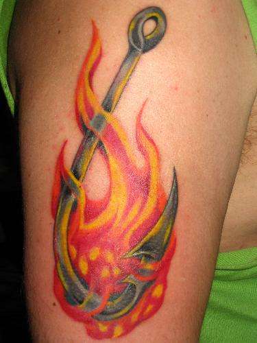 Awesome Hook In Flame Tattoo On Right Half Sleeve