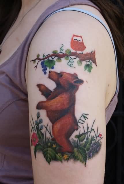 Bear With Grapes Tattoo On Girl Left Shoulder